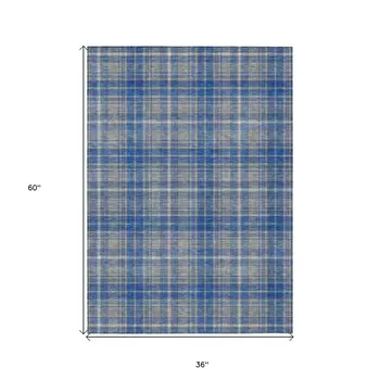 3' X 5' Gray Blue And Ivory Plaid Washable Indoor Outdoor Area Rug