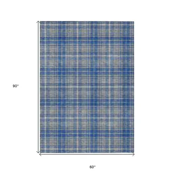 5' X 8' Gray Blue And Ivory Plaid Washable Indoor Outdoor Area Rug