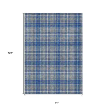 8' X 10' Gray Blue And Ivory Plaid Washable Indoor Outdoor Area Rug