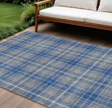 8' X 10' Gray Blue And Ivory Plaid Washable Indoor Outdoor Area Rug