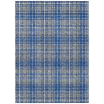 8' X 10' Gray Blue And Ivory Plaid Washable Indoor Outdoor Area Rug