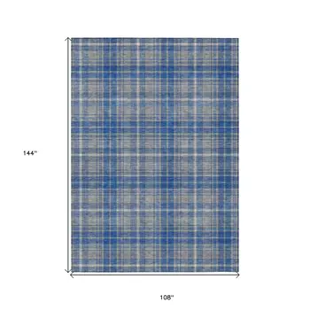 9' X 12' Gray Blue And Ivory Plaid Washable Indoor Outdoor Area Rug