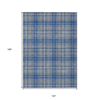 10' X 14' Gray Blue And Ivory Plaid Washable Indoor Outdoor Area Rug