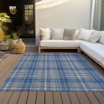 10' X 14' Gray Blue And Ivory Plaid Washable Indoor Outdoor Area Rug