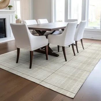5' X 8' Ivory Beige And Brown Plaid Washable Indoor Outdoor Area Rug