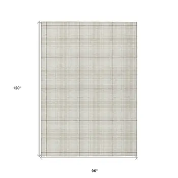 8' X 10' Ivory Beige And Brown Plaid Washable Indoor Outdoor Area Rug