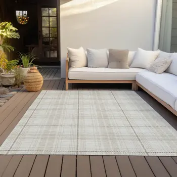 8' X 10' Ivory Beige And Brown Plaid Washable Indoor Outdoor Area Rug