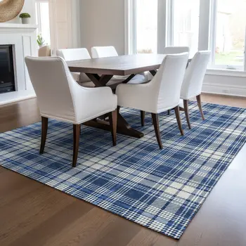 3' X 5' Navy Blue And Ivory Plaid Washable Indoor Outdoor Area Rug