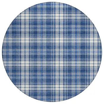 8' Navy Blue And Ivory Round Plaid Washable Indoor Outdoor Area Rug