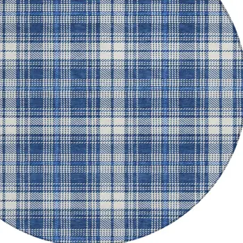 8' Navy Blue And Ivory Round Plaid Washable Indoor Outdoor Area Rug