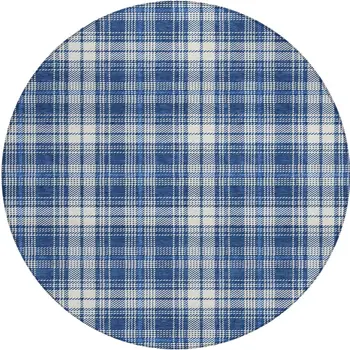 8' Navy Blue And Ivory Round Plaid Washable Indoor Outdoor Area Rug