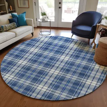 8' Navy Blue And Ivory Round Plaid Washable Indoor Outdoor Area Rug