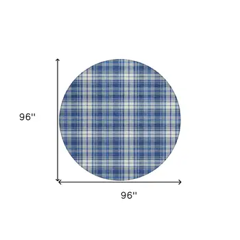 8' Navy Blue And Ivory Round Plaid Washable Indoor Outdoor Area Rug
