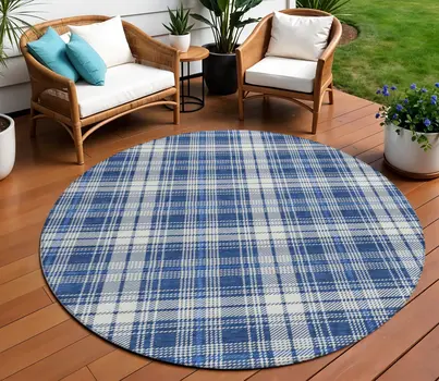 8' Navy Blue And Ivory Round Plaid Washable Indoor Outdoor Area Rug