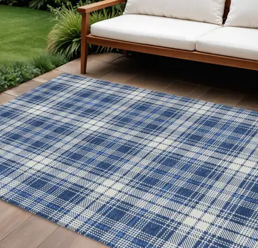 8' X 10' Navy Blue And Ivory Plaid Washable Indoor Outdoor Area Rug