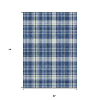 9' X 12' Navy Blue And Ivory Plaid Washable Indoor Outdoor Area Rug