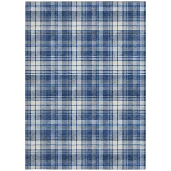 9' X 12' Navy Blue And Ivory Plaid Washable Indoor Outdoor Area Rug