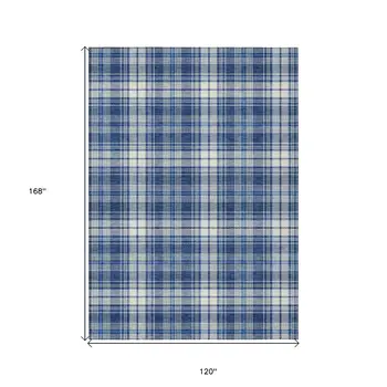 10' X 14' Navy Blue And Ivory Plaid Washable Indoor Outdoor Area Rug