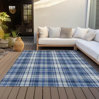 10' X 14' Navy Blue And Ivory Plaid Washable Indoor Outdoor Area Rug
