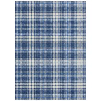 10' X 14' Navy Blue And Ivory Plaid Washable Indoor Outdoor Area Rug