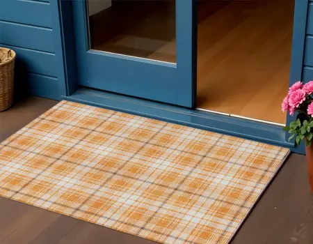 3' X 5' Orange Blue And Ivory Plaid Washable Indoor Outdoor Area Rug