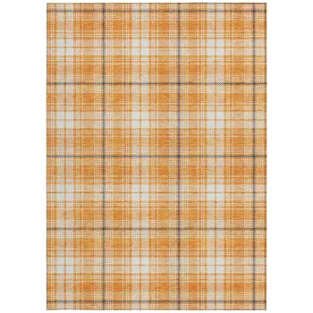 3' X 5' Orange Blue And Ivory Plaid Washable Indoor Outdoor Area Rug
