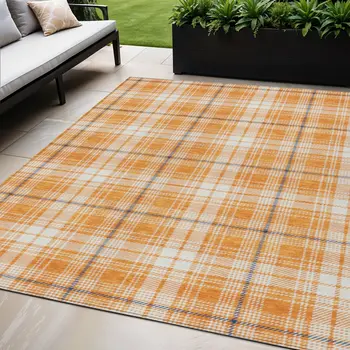 5' X 8' Orange Blue And Ivory Plaid Washable Indoor Outdoor Area Rug