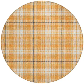 8' Orange Blue And Ivory Round Plaid Washable Indoor Outdoor Area Rug
