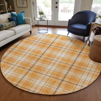 8' Orange Blue And Ivory Round Plaid Washable Indoor Outdoor Area Rug