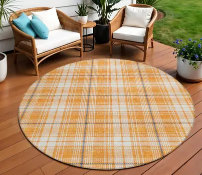 8' Orange Blue And Ivory Round Plaid Washable Indoor Outdoor Area Rug