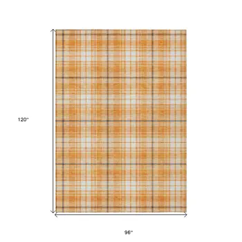 8' X 10' Orange Blue And Ivory Plaid Washable Indoor Outdoor Area Rug