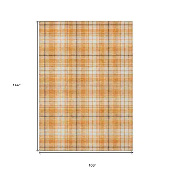 9' X 12' Orange Blue And Ivory Plaid Washable Indoor Outdoor Area Rug