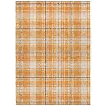 9' X 12' Orange Blue And Ivory Plaid Washable Indoor Outdoor Area Rug