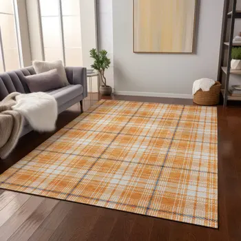9' X 12' Orange Blue And Ivory Plaid Washable Indoor Outdoor Area Rug