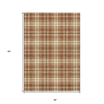 3' X 5' Brown Black And Beige Plaid Washable Indoor Outdoor Area Rug