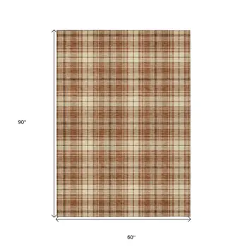 5' X 8' Brown Black And Beige Plaid Washable Indoor Outdoor Area Rug