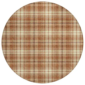 8' Brown Black And Beige Round Plaid Washable Indoor Outdoor Area Rug