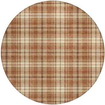 8' Brown Black And Beige Round Plaid Washable Indoor Outdoor Area Rug