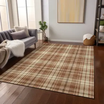 8' X 10' Brown Black And Beige Plaid Washable Indoor Outdoor Area Rug