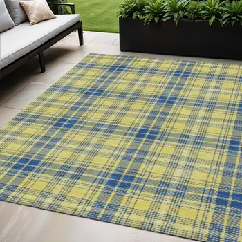 5' X 8' Yellow Blue And Ivory Plaid Washable Indoor Outdoor Area Rug