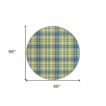 8' Yellow Blue And Ivory Round Plaid Washable Indoor Outdoor Area Rug