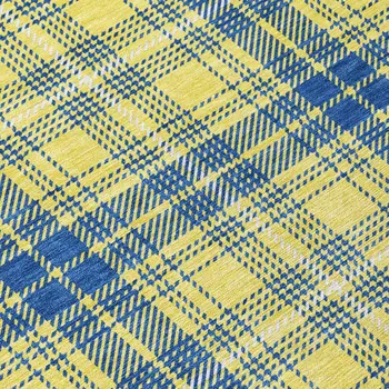 8' Yellow Blue And Ivory Round Plaid Washable Indoor Outdoor Area Rug