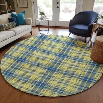 8' Yellow Blue And Ivory Round Plaid Washable Indoor Outdoor Area Rug