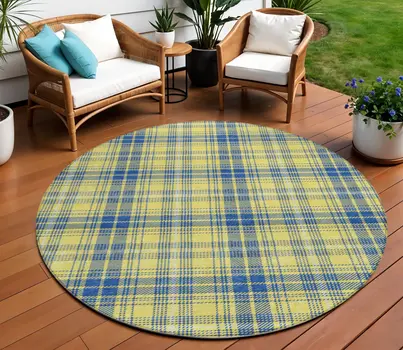 8' Yellow Blue And Ivory Round Plaid Washable Indoor Outdoor Area Rug
