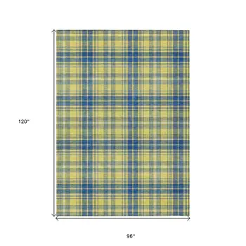 8' X 10' Yellow Blue And Ivory Plaid Washable Indoor Outdoor Area Rug