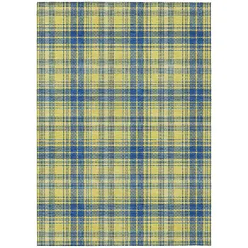 8' X 10' Yellow Blue And Ivory Plaid Washable Indoor Outdoor Area Rug