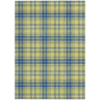 8' X 10' Yellow Blue And Ivory Plaid Washable Indoor Outdoor Area Rug