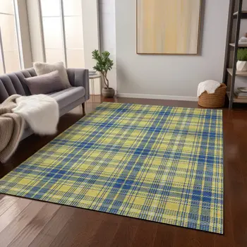 8' X 10' Yellow Blue And Ivory Plaid Washable Indoor Outdoor Area Rug
