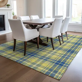 8' X 10' Yellow Blue And Ivory Plaid Washable Indoor Outdoor Area Rug