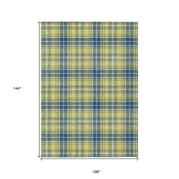 9' X 12' Yellow Blue And Ivory Plaid Washable Indoor Outdoor Area Rug